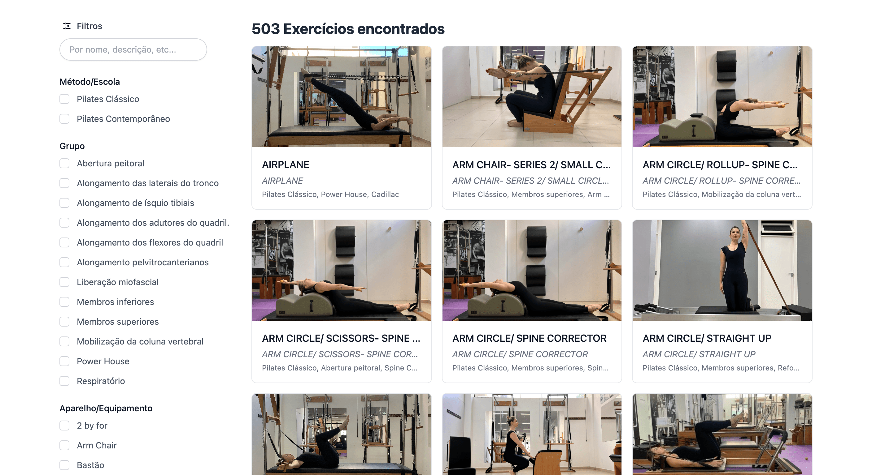 Tela de Biblioteca de Exercícios no Assist