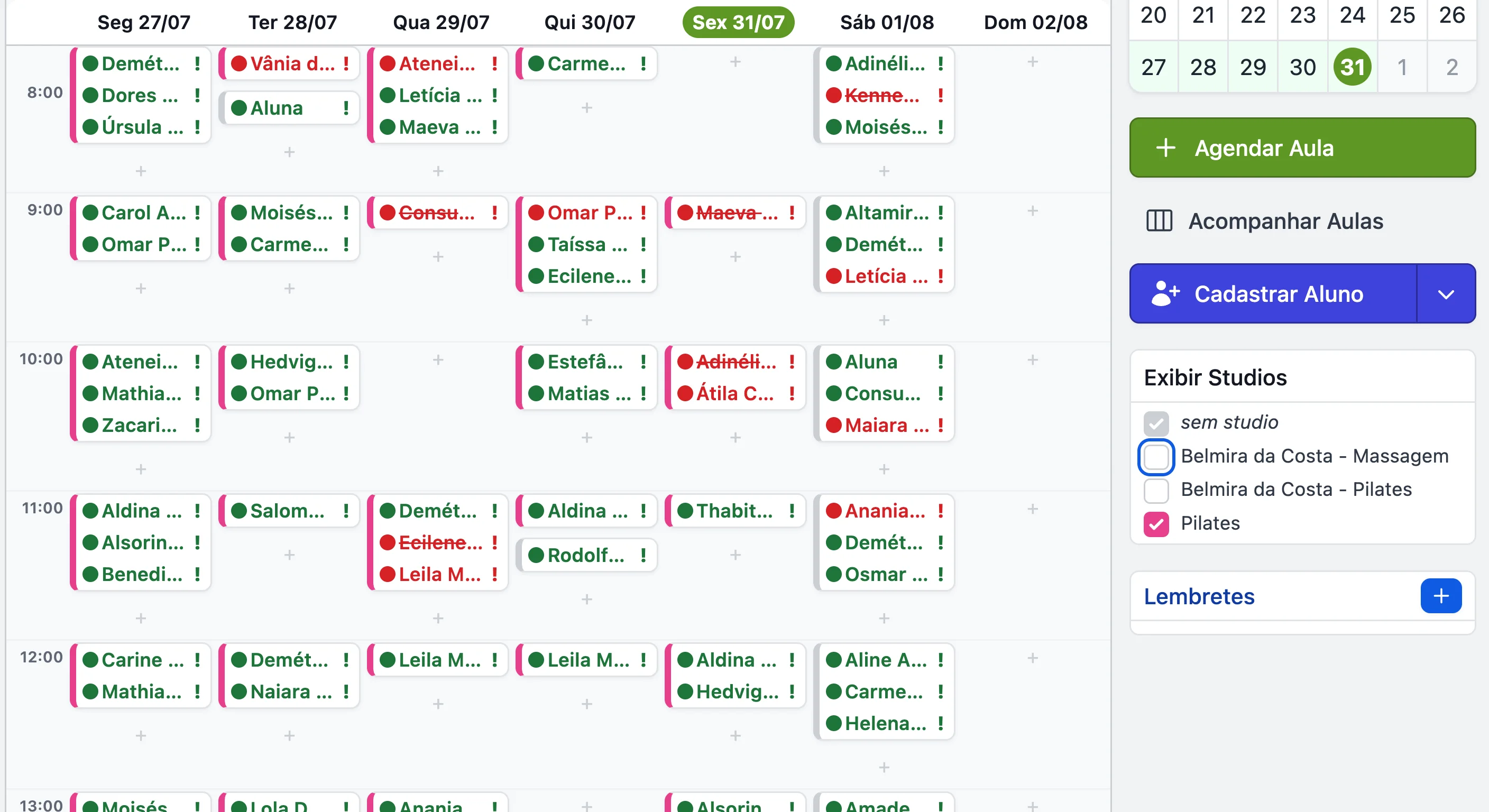 Cores por studio + agenda por profissional