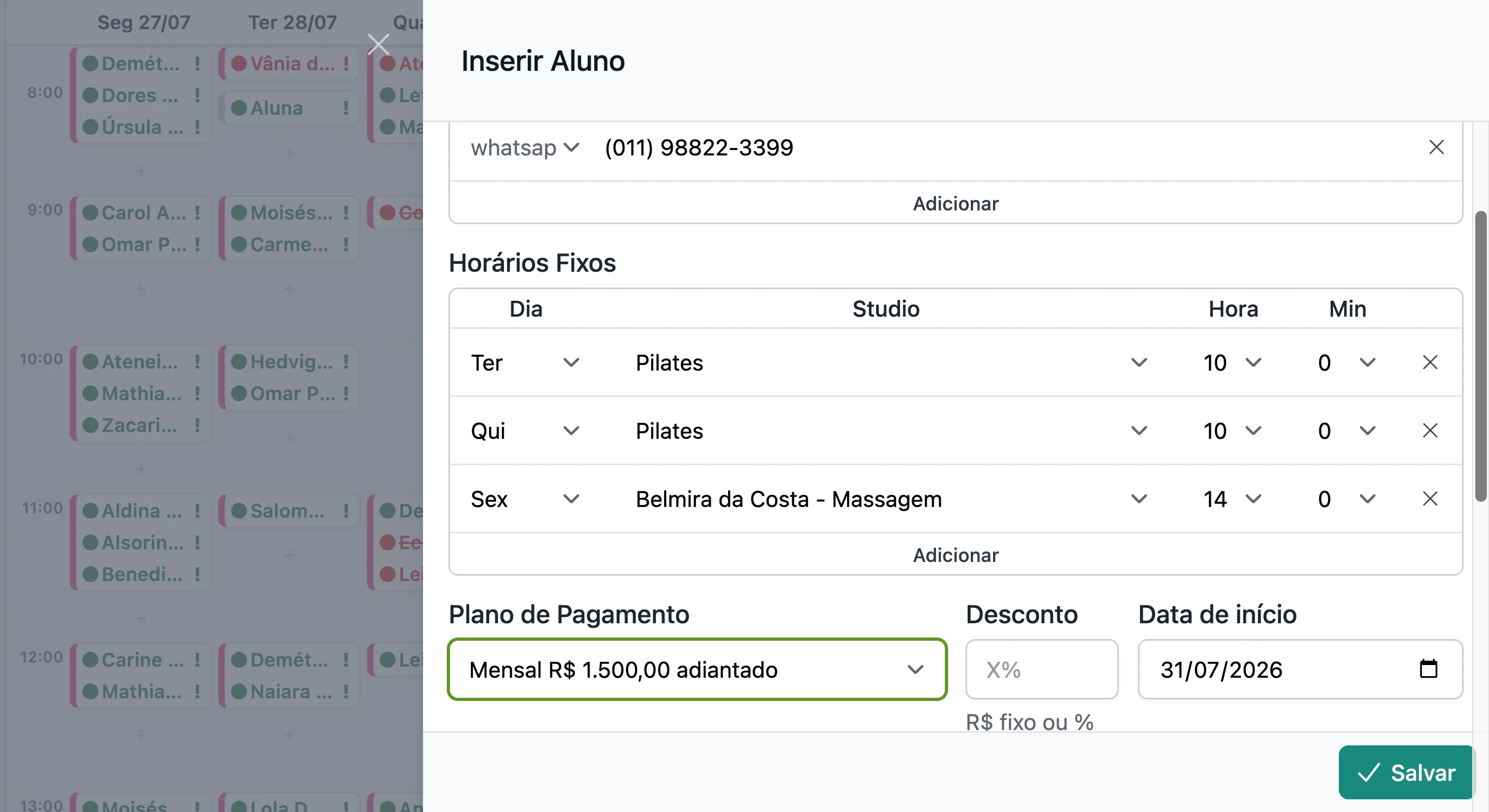 Horários fixos do aluno