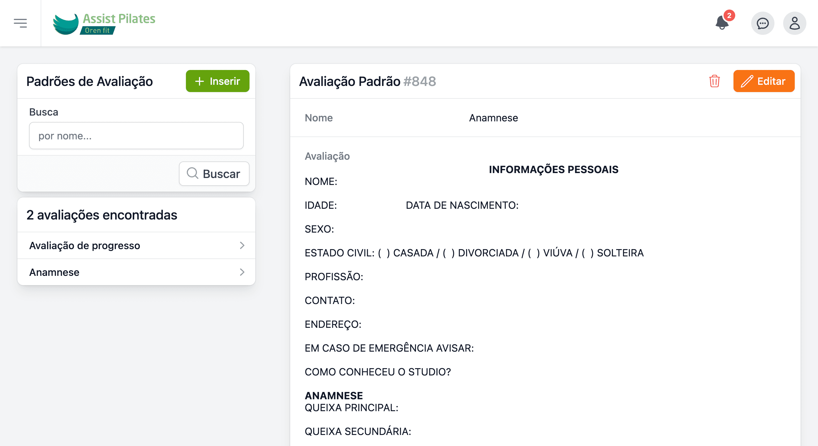 Tela de Avaliações e Evolução do Aluno no Assist