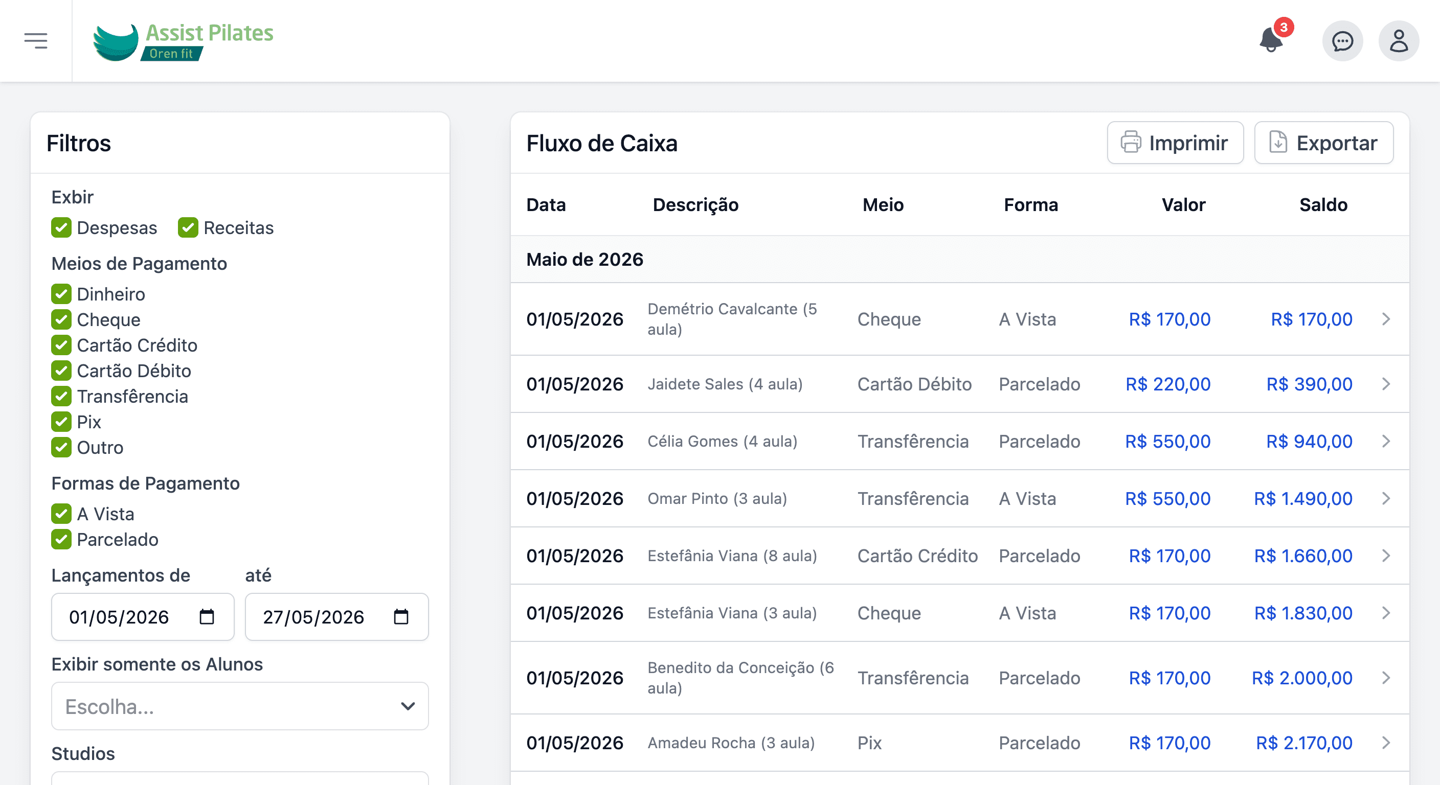Relatório de aulas e profissionais