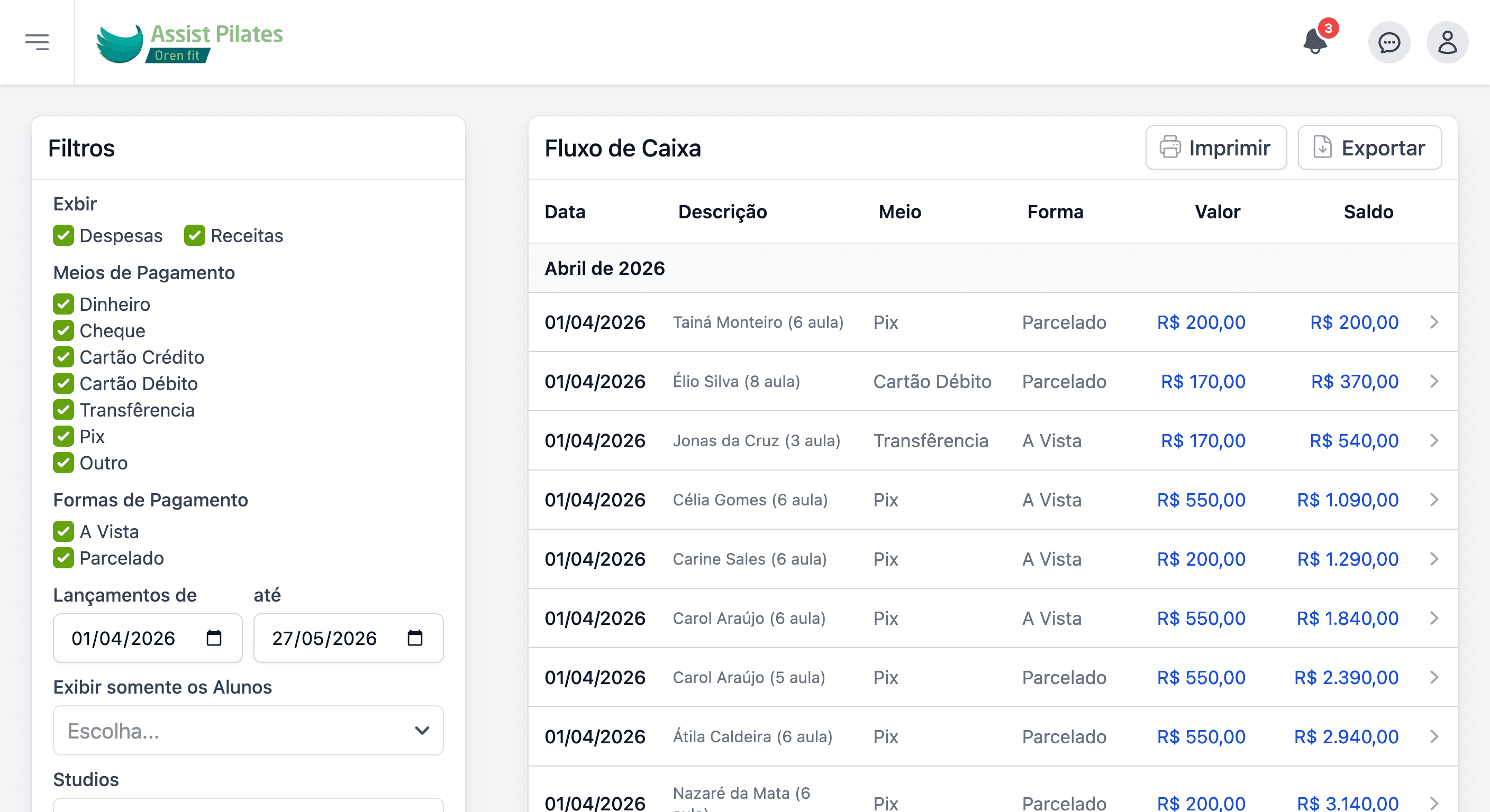 Tela de Fluxo de Caixa, Receitas e Despesas no Assist