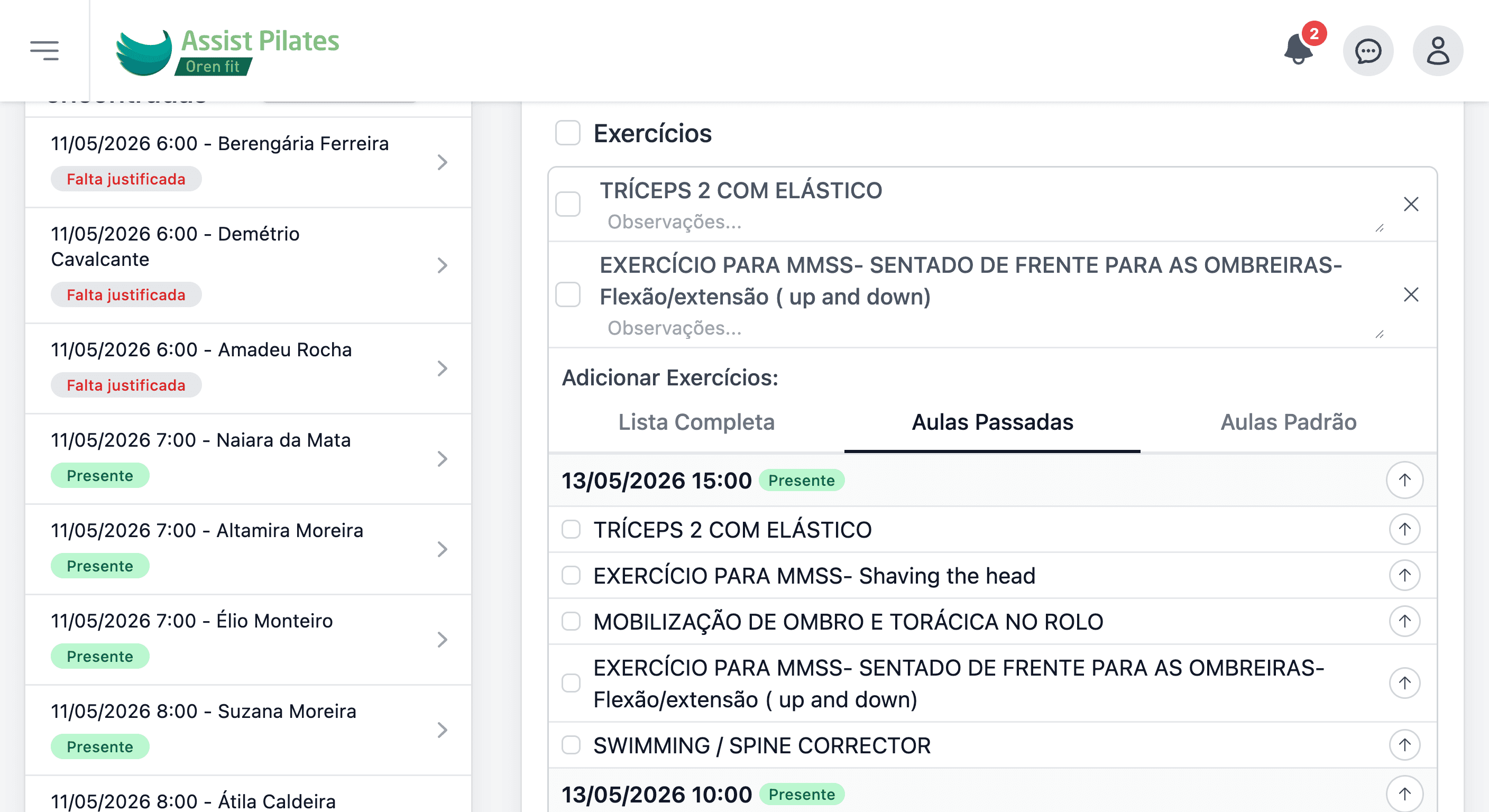 Tela de Plano e Acompanhamento de Aulas no Assist